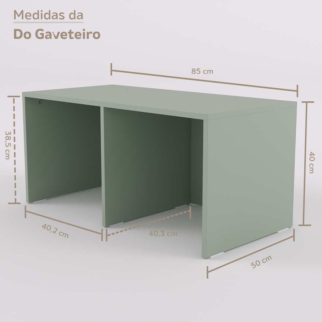 Cama com 2 gavetas, escrivaninha fixa, banco U com caixotes e gaveteiro