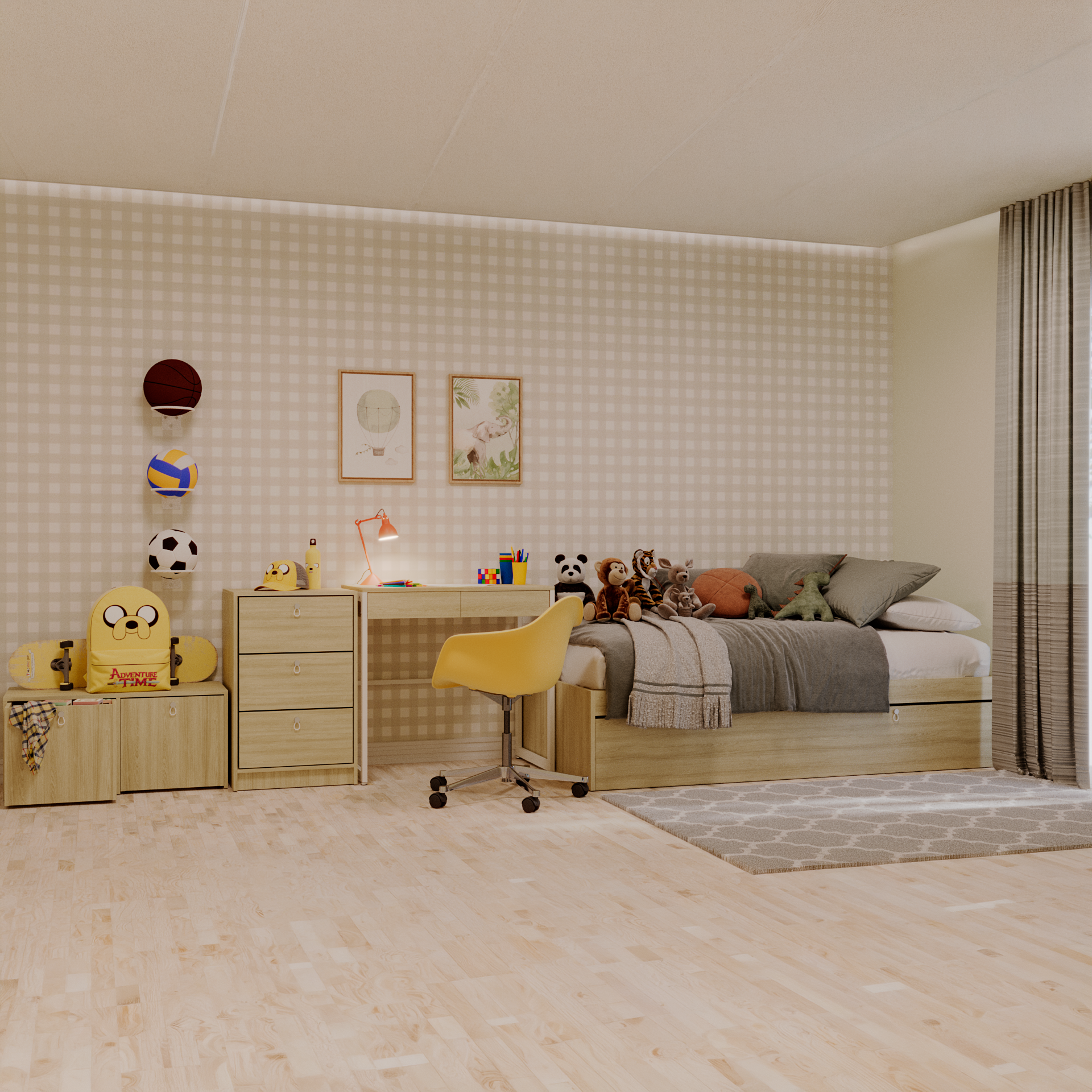 Bicama, escrivaninha fixa, banco U com caixotes e gaveteiro