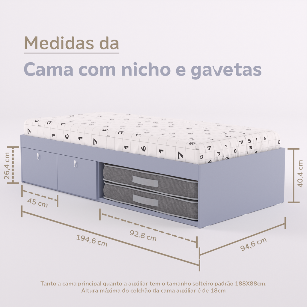 Cama com 2 gavetas, escrivaninha crescer e gaveteiro