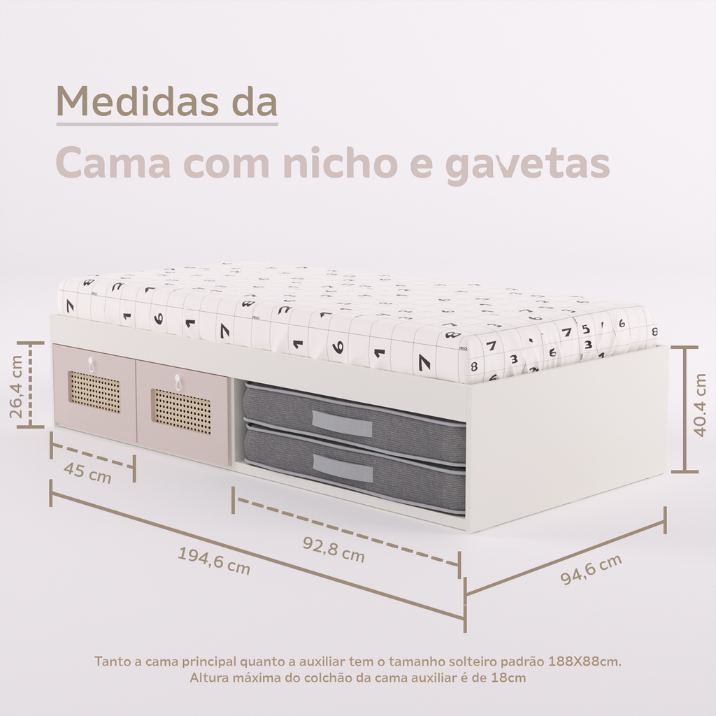 Cama Duas Gavetas e Nicho para Colchonete