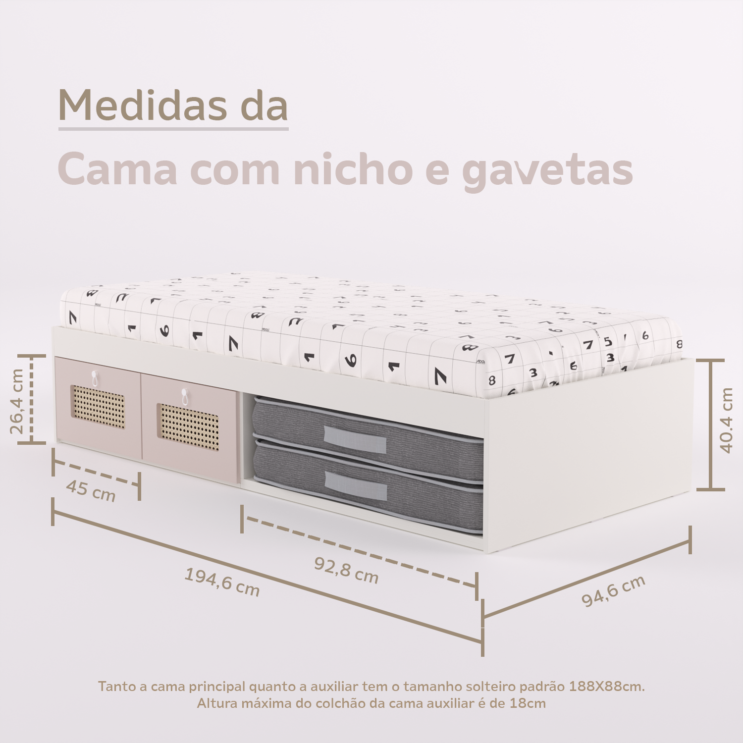Cama Duas Gavetas e Nicho para Colchonete