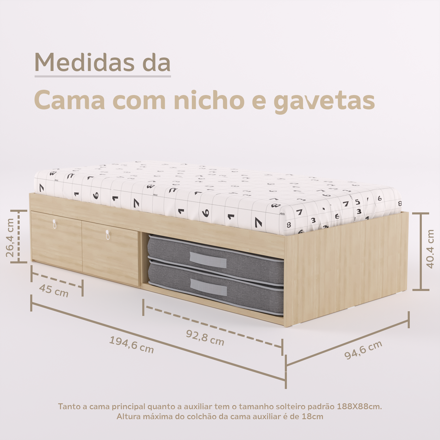 Cama com 2 gavetas, escrivaninha fixa, banco U com caixotes e gaveteiro