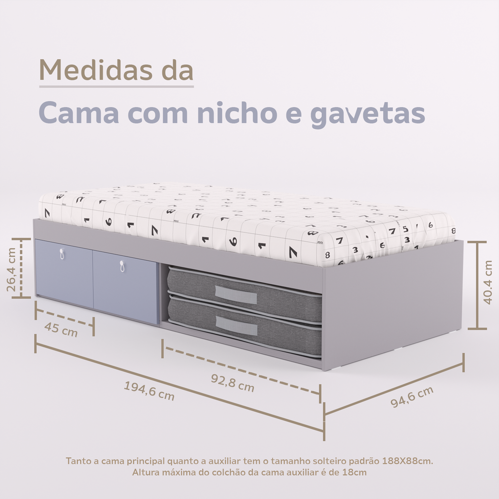 Cama Duas Gavetas e Nicho para Colchonete