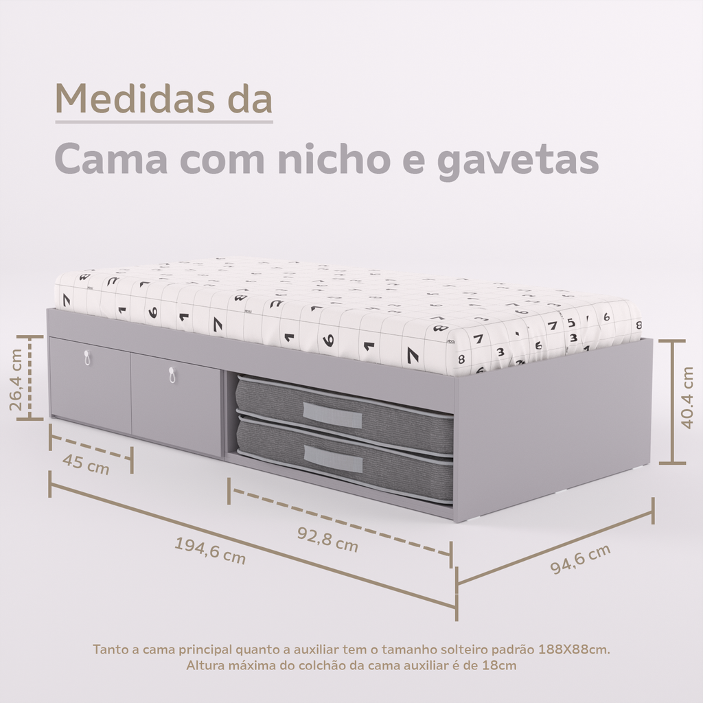 Cama com 2 gavetas, escrivaninha crescer e gaveteiro