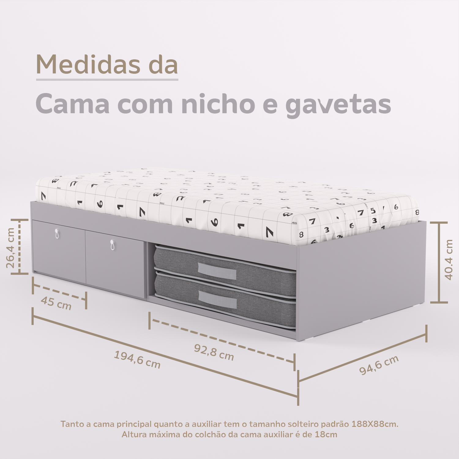 Cama com 2 gavetas, escrivaninha crescer e gaveteiro