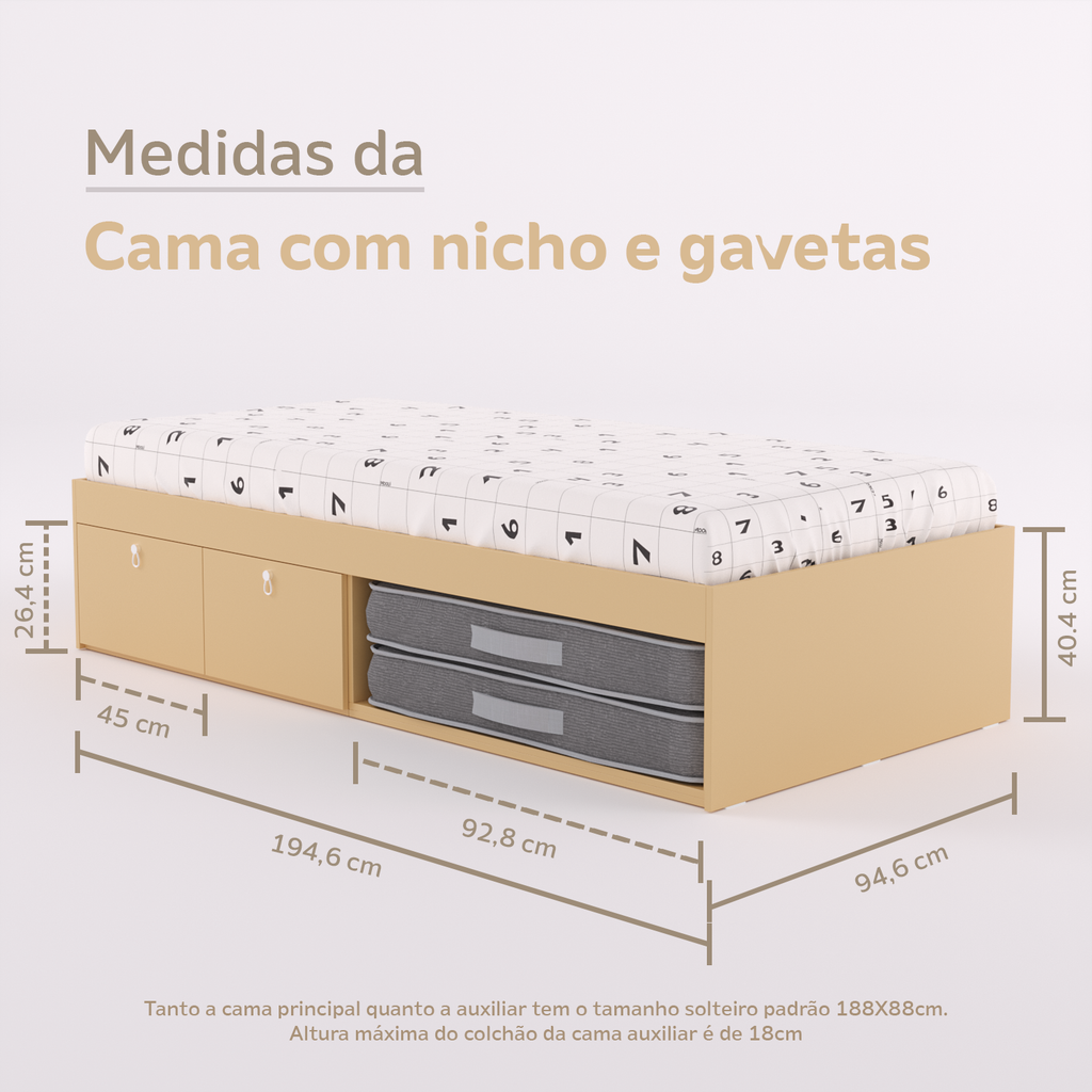 Cama Duas Gavetas e Nicho para Colchonete