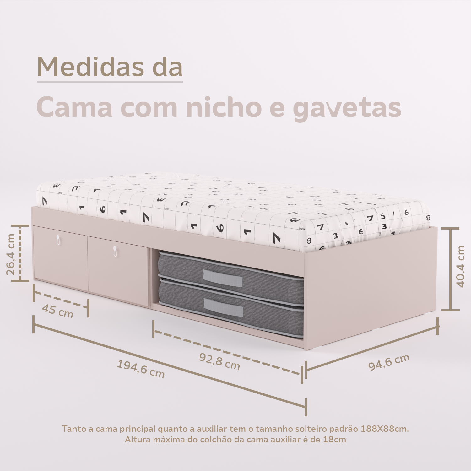 Mezanino com escada gavetão, cama com 2 gavetas, escrivaninha fixa e gaveteiro