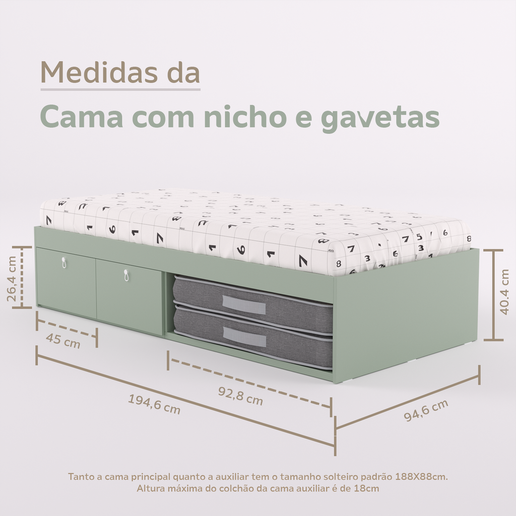 Cama com 2 gavetas, escrivaninha crescer e gaveteiro