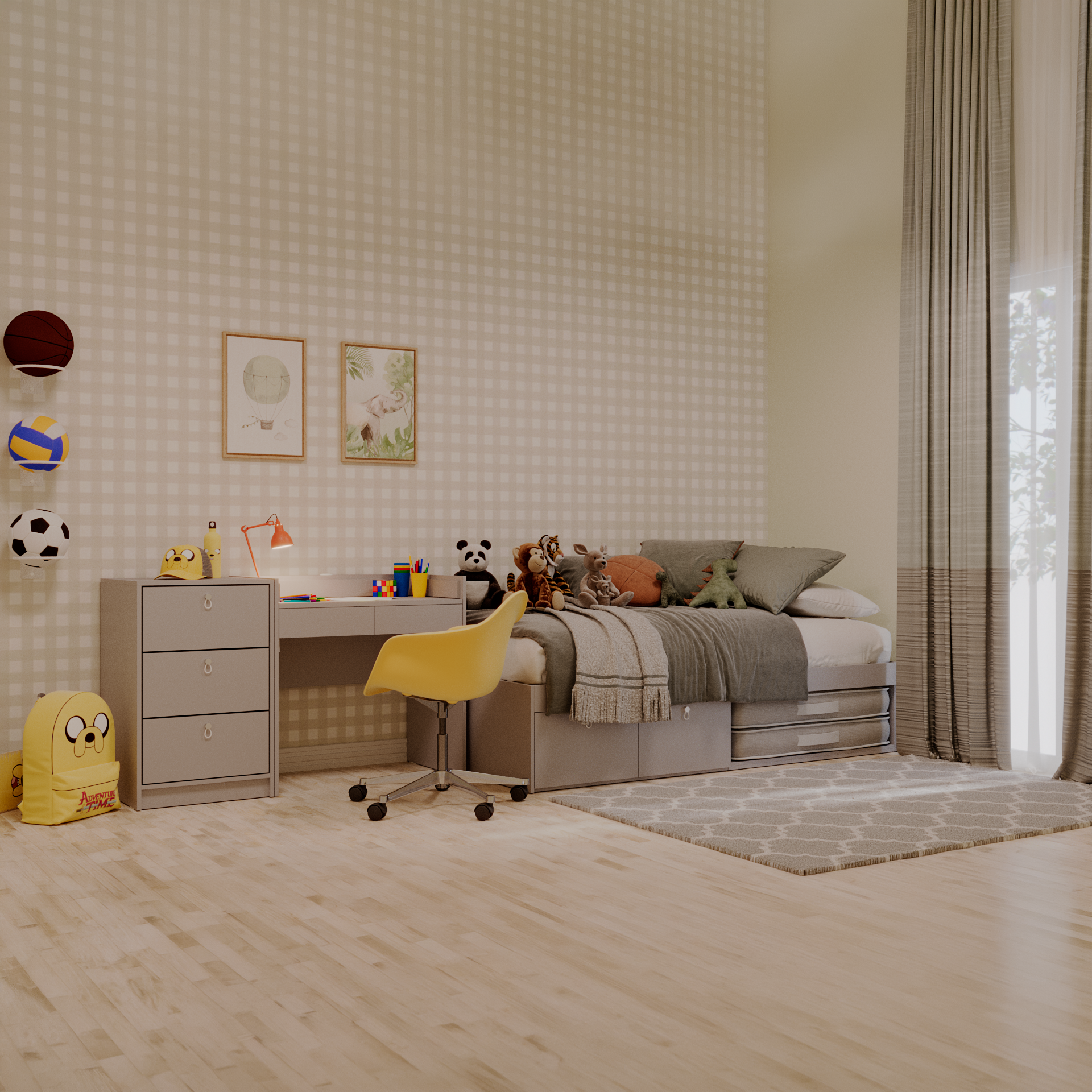 Cama com 2 gavetas, escrivaninha crescer e gaveteiro