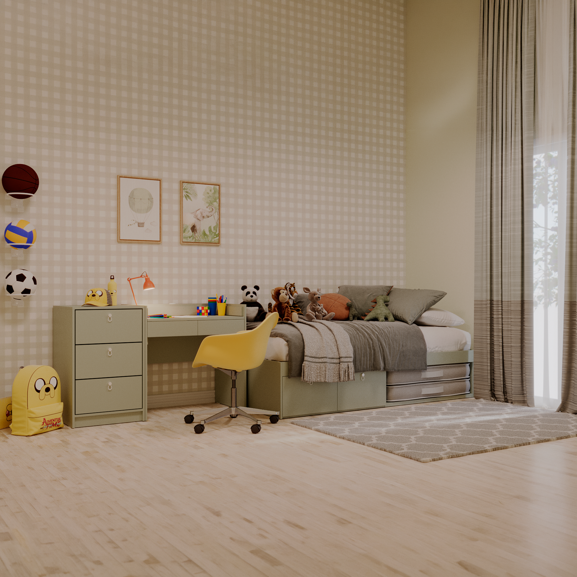 Cama com 2 gavetas, escrivaninha crescer e gaveteiro