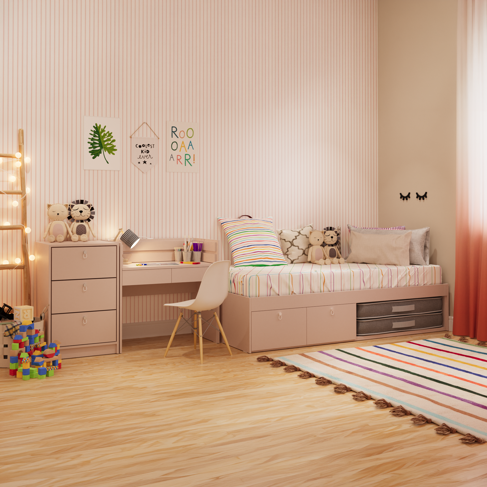 Cama com 2 gavetas, escrivaninha crescer e gaveteiro