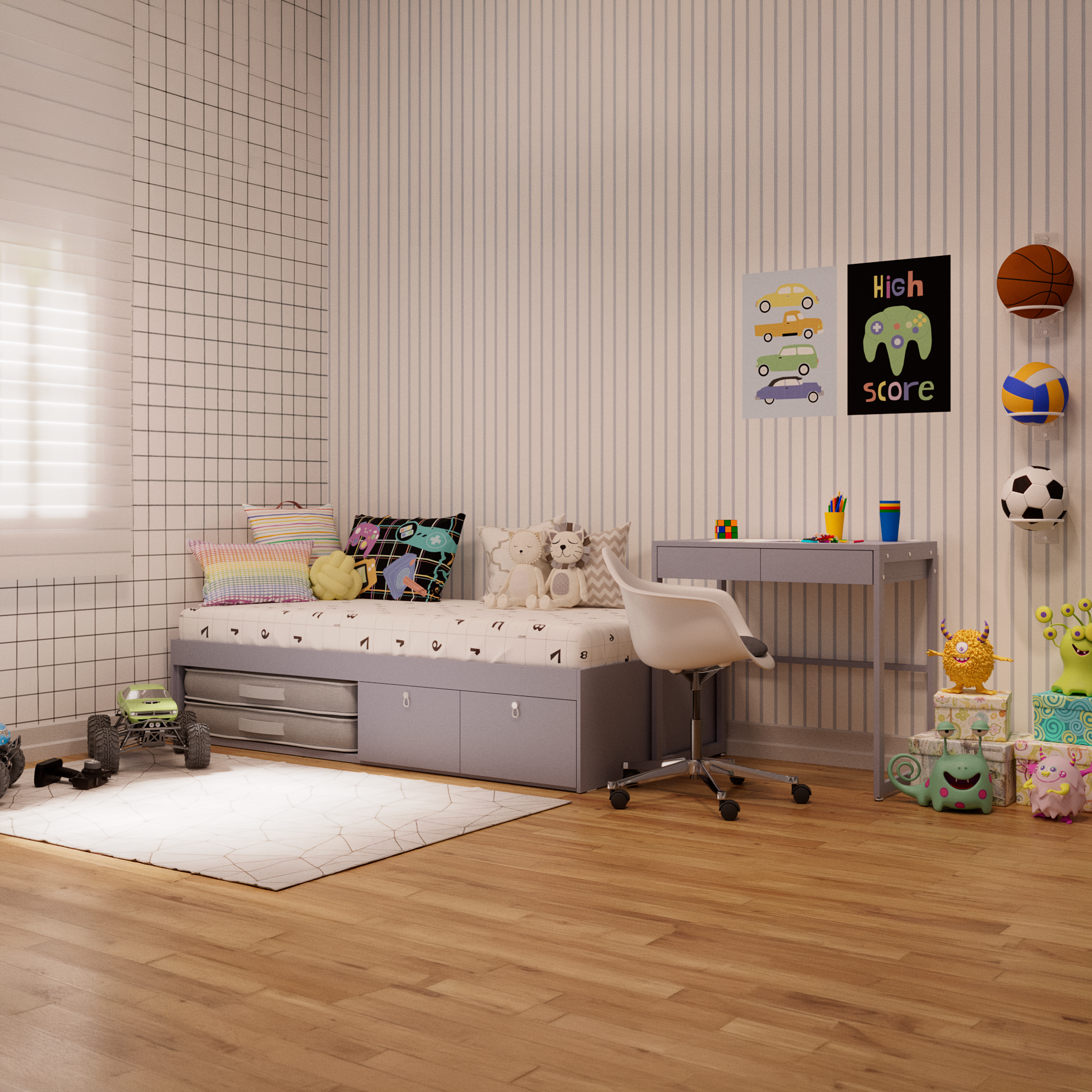Cama com 2 gavetas e escrivaninha fixa
