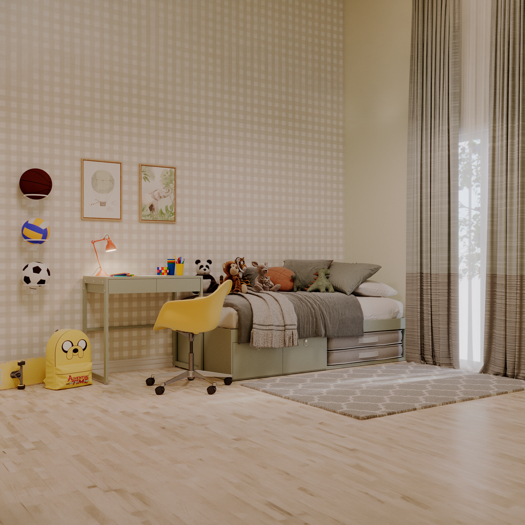 Cama com 2 gavetas e escrivaninha fixa