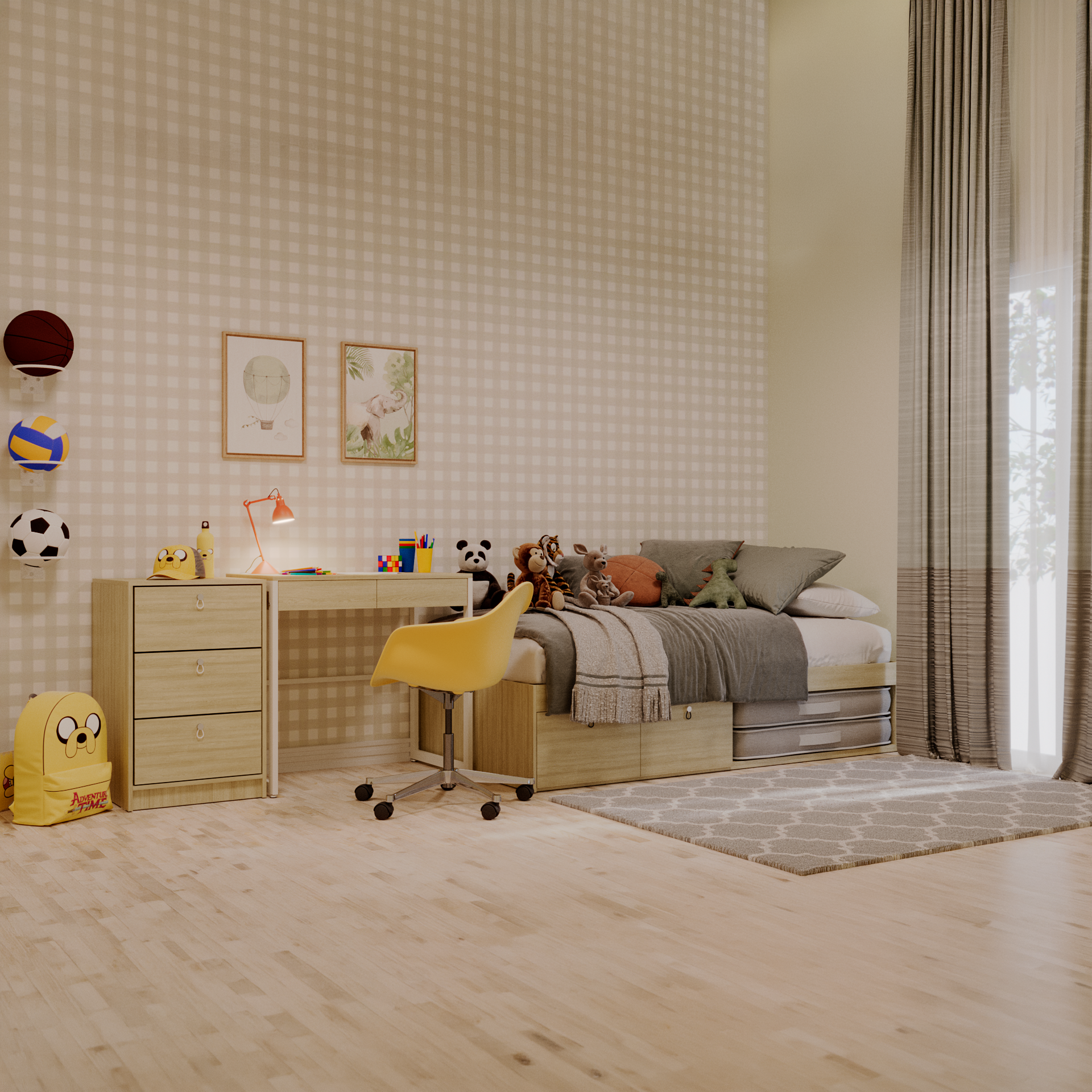 Cama com 2 gavetas, escrivaninha fixa e gaveteiro