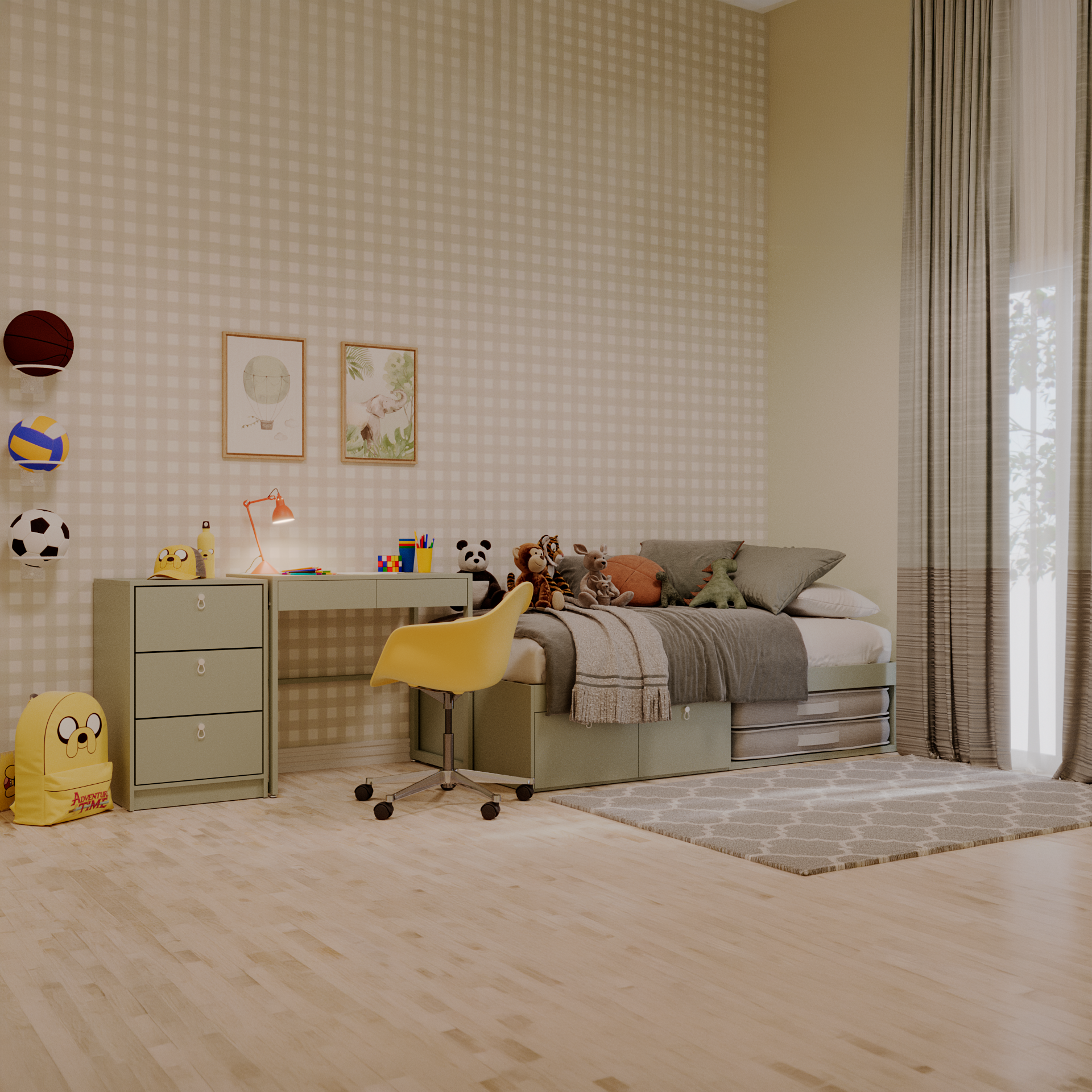 Cama com 2 gavetas, escrivaninha fixa e gaveteiro