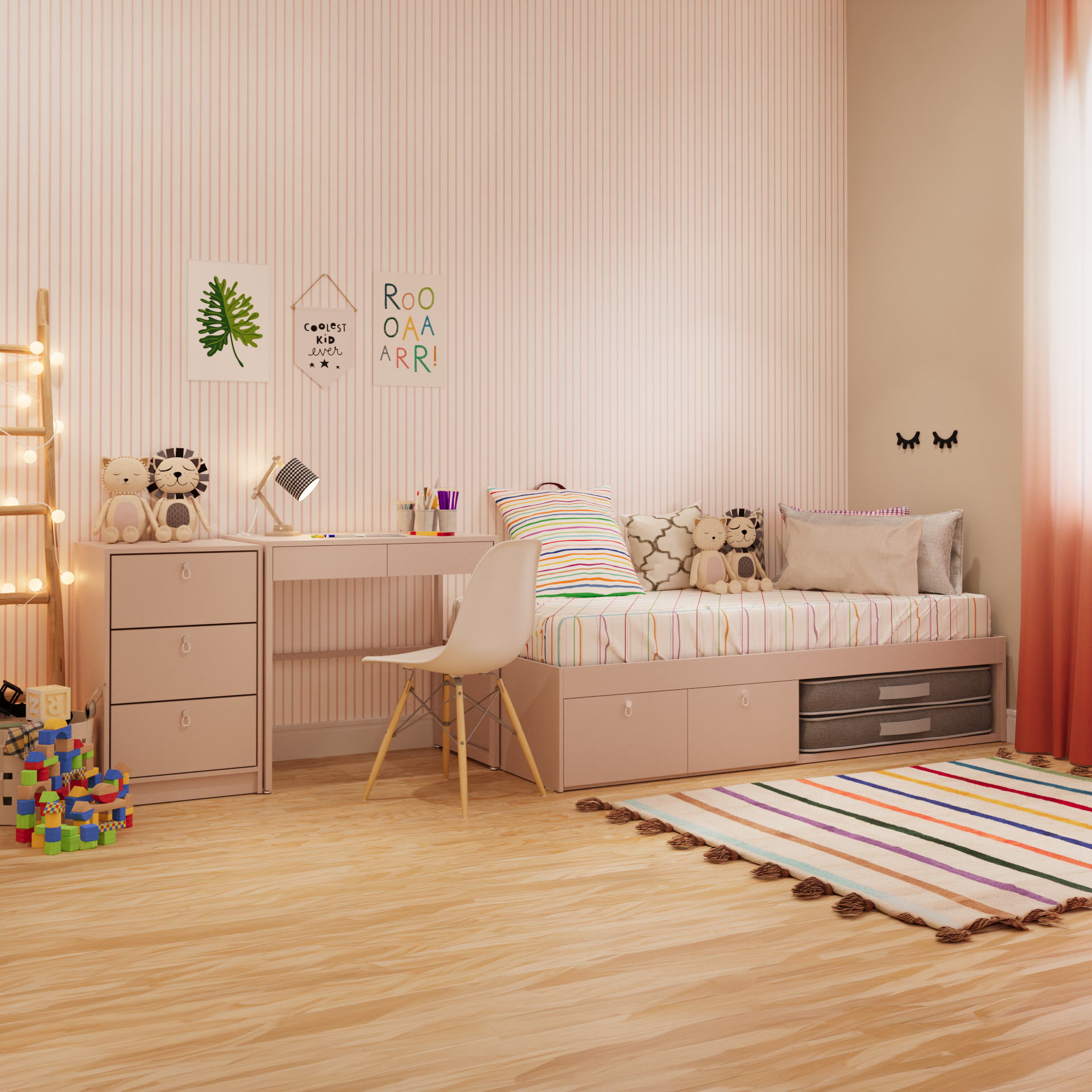 Cama com 2 gavetas, escrivaninha fixa e gaveteiro