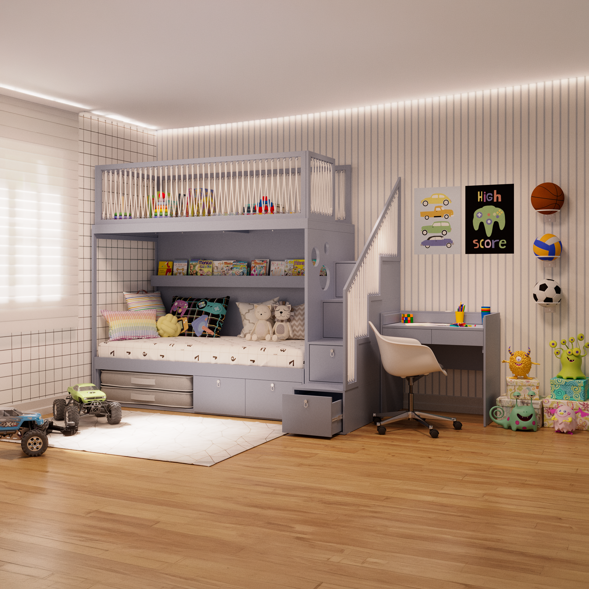 Mezanino com escada gavetão, cama com 2 gavetas e escrivaninha crescer