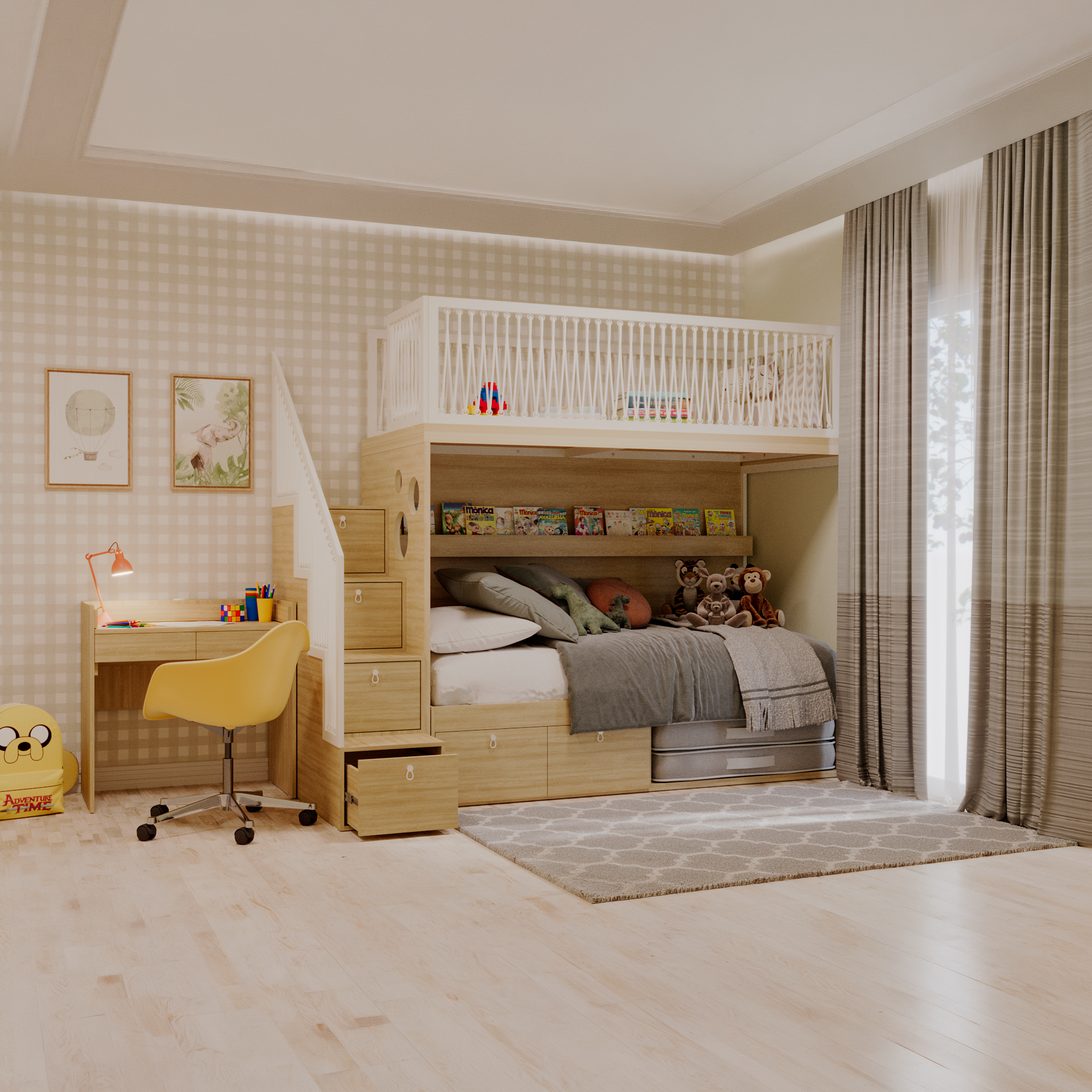 Mezanino com escada gavetão, cama com 2 gavetas e escrivaninha crescer