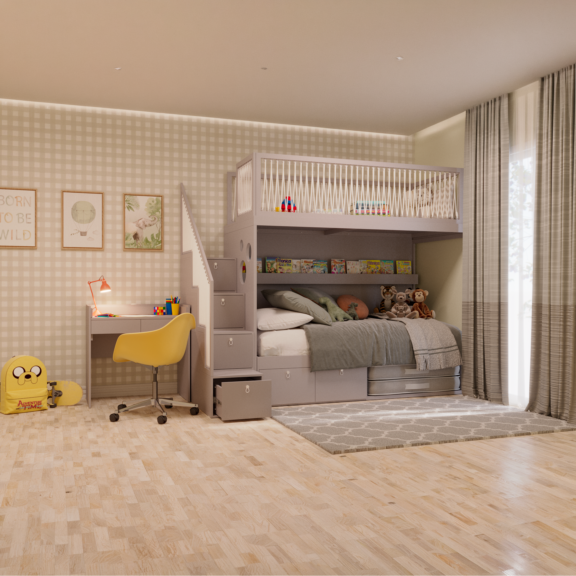 Mezanino com escada gavetão, cama com 2 gavetas e escrivaninha crescer