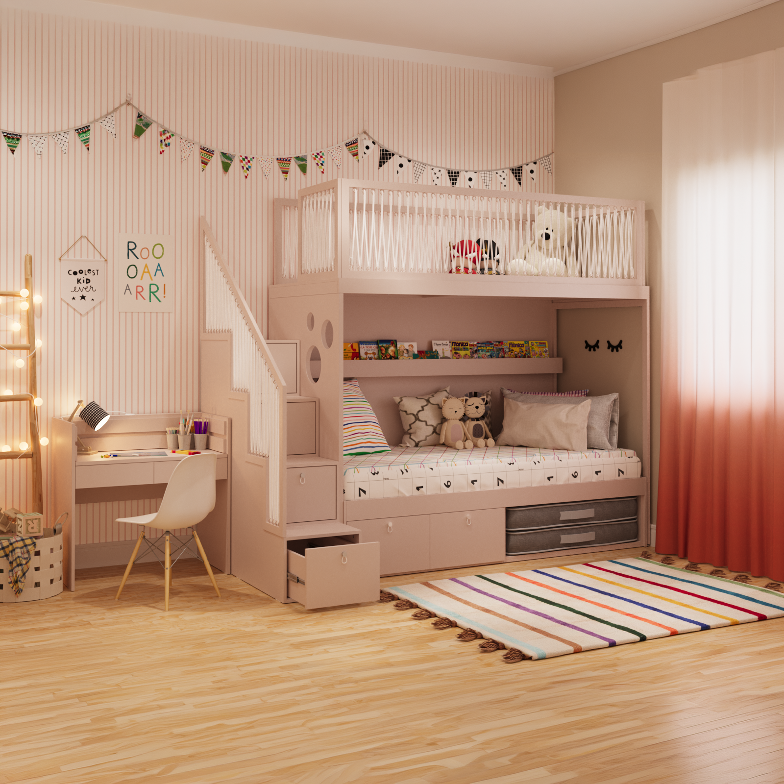 Mezanino com escada gavetão, cama com 2 gavetas e escrivaninha crescer