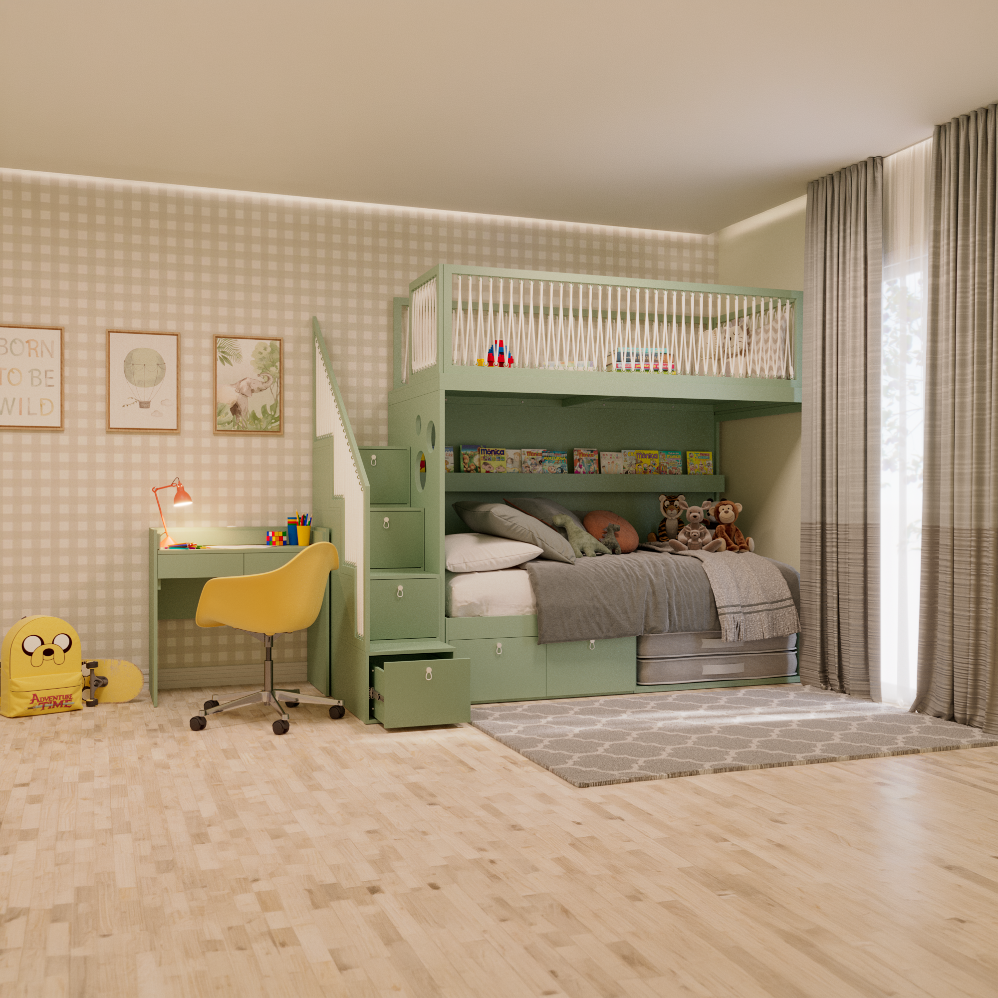 Mezanino com escada gavetão, cama com 2 gavetas e escrivaninha crescer