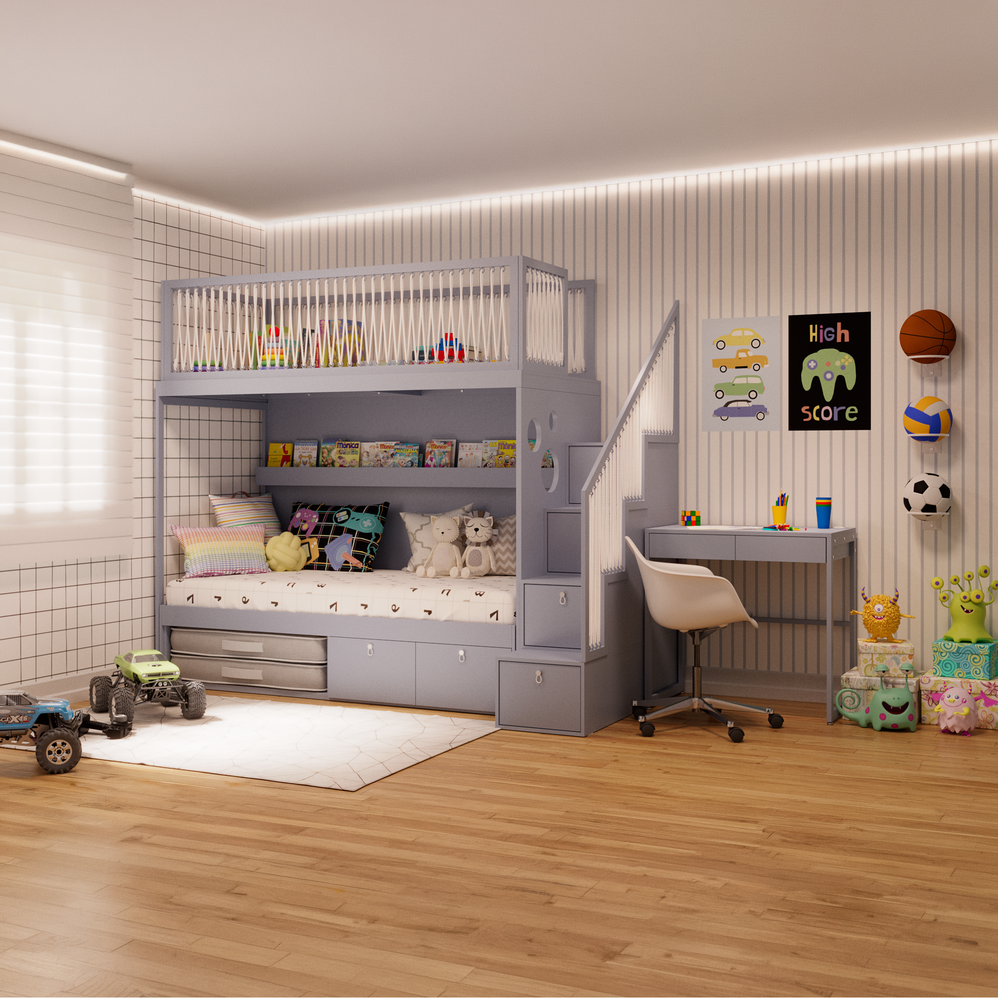 Mezanino com escada gavetão, cama com 2 gavetas e escrivaninha fixa
