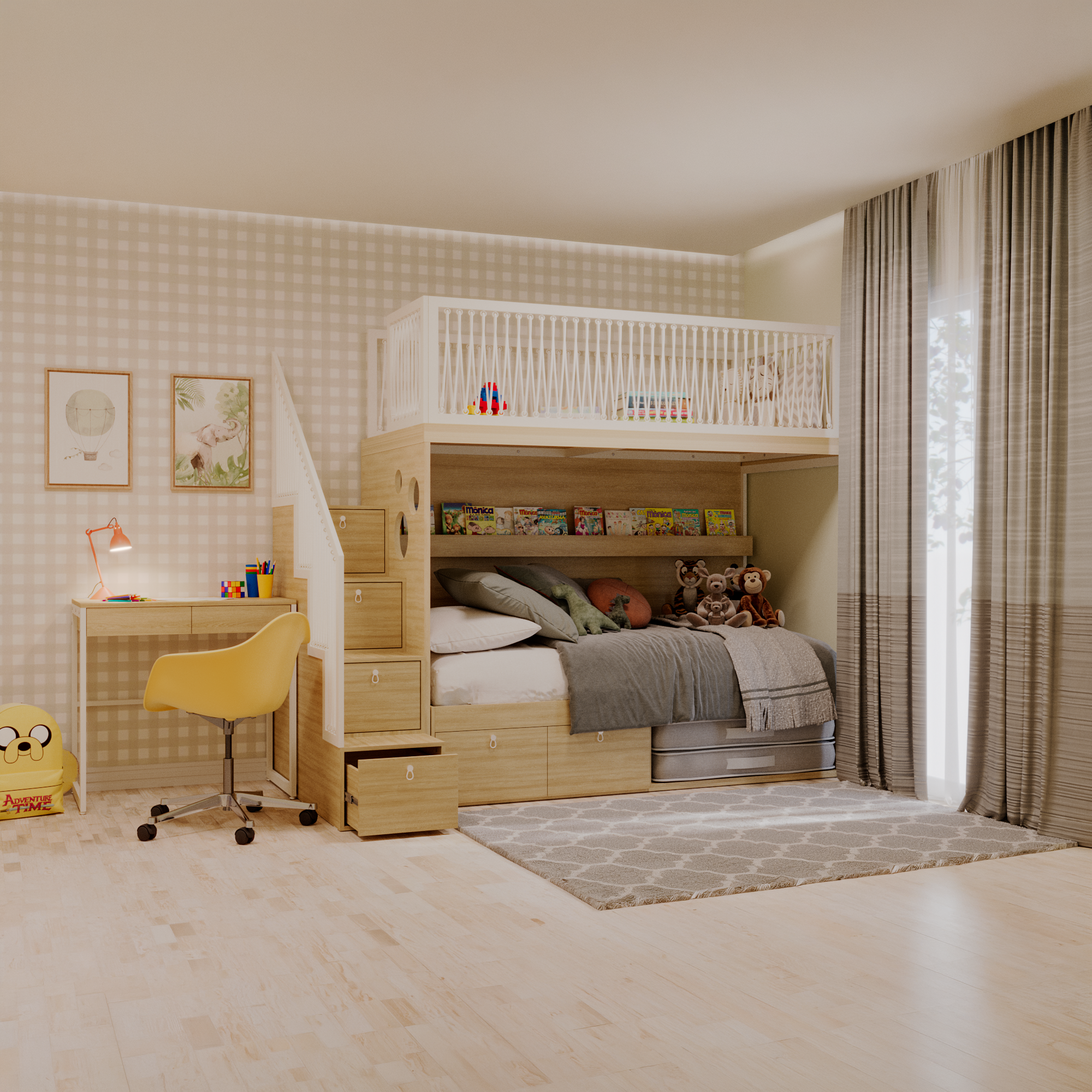 Mezanino com escada gavetão, cama com 2 gavetas e escrivaninha fixa