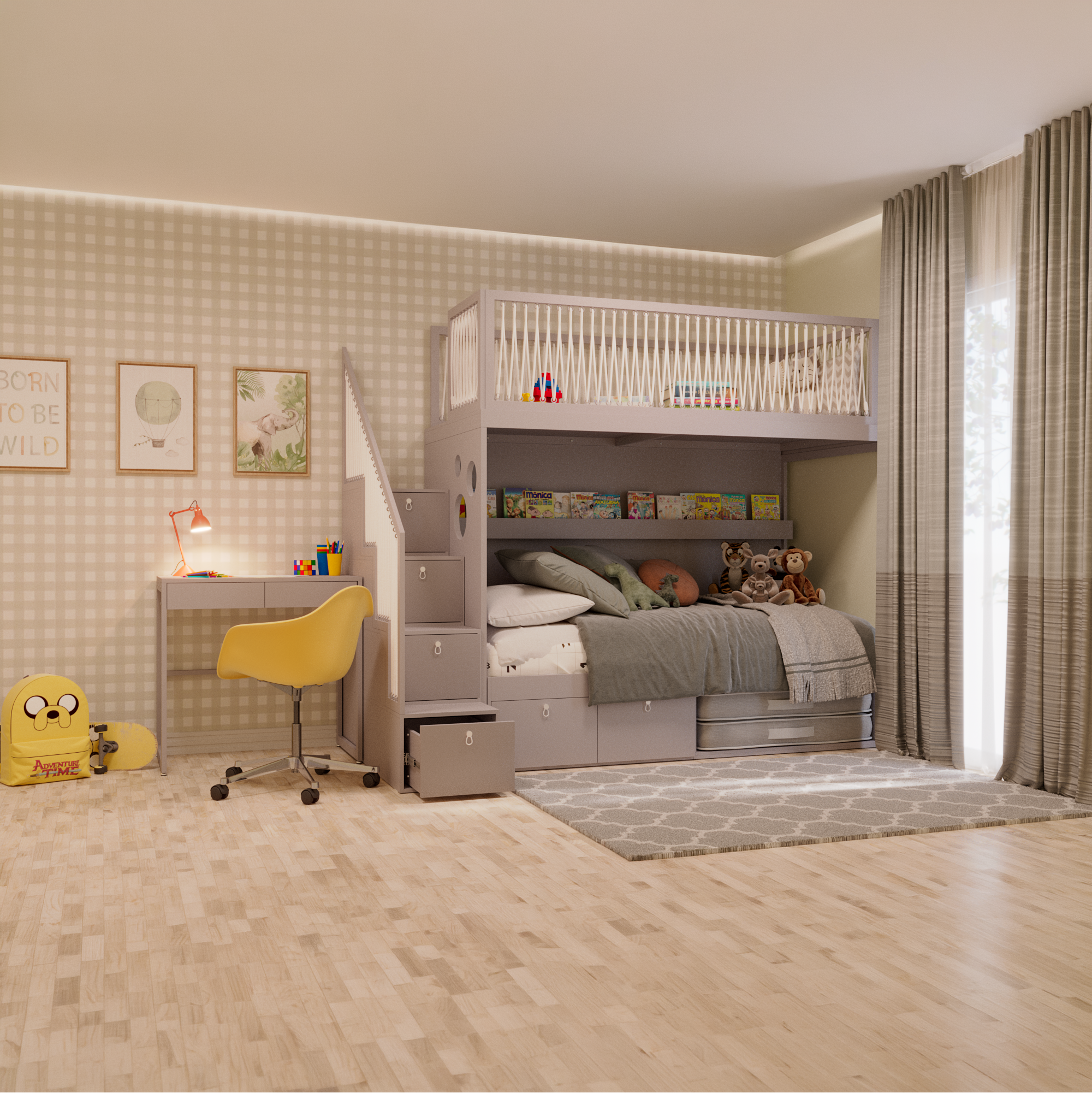 Mezanino com escada gavetão, cama com 2 gavetas e escrivaninha fixa