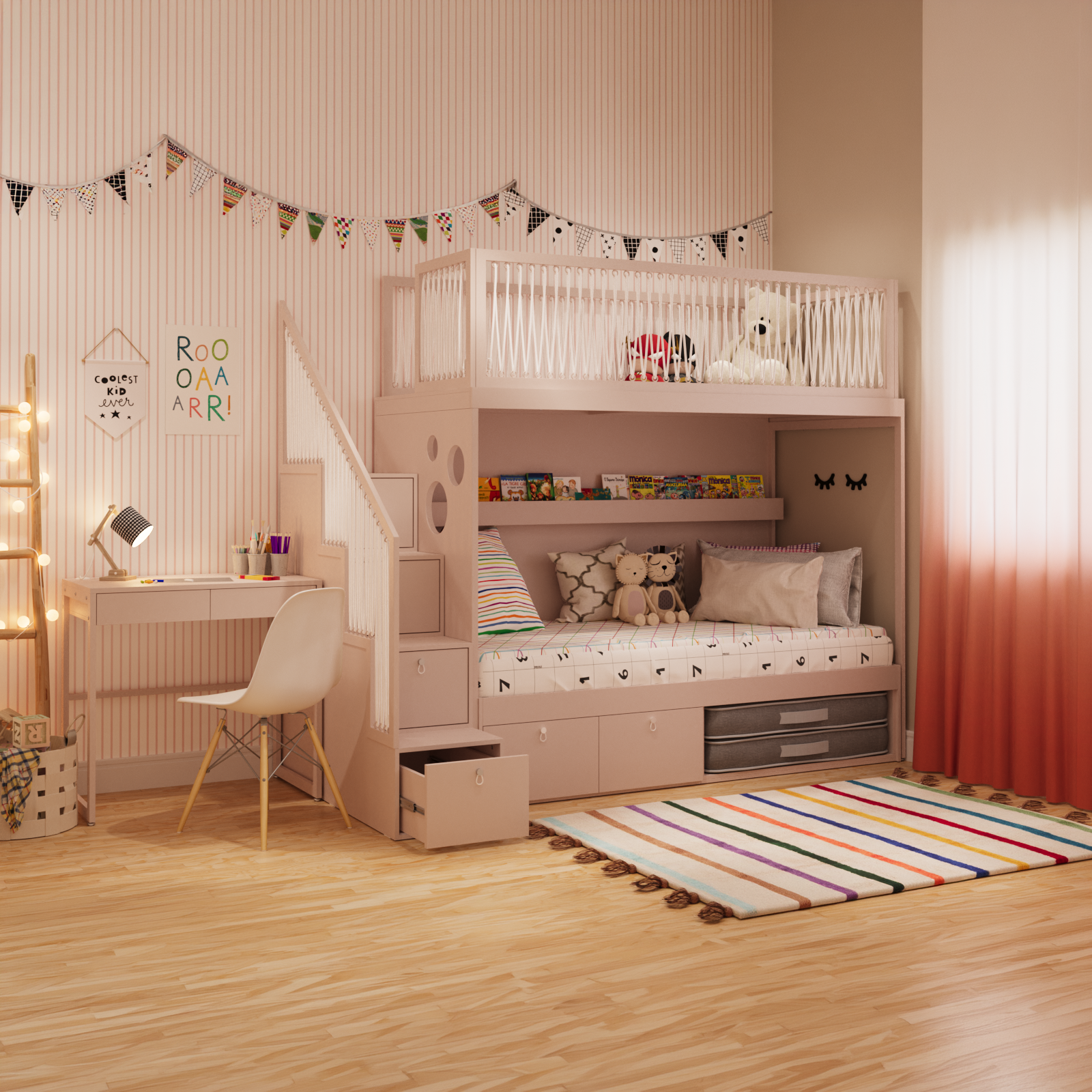 Mezanino com escada gavetão, cama com 2 gavetas e escrivaninha fixa