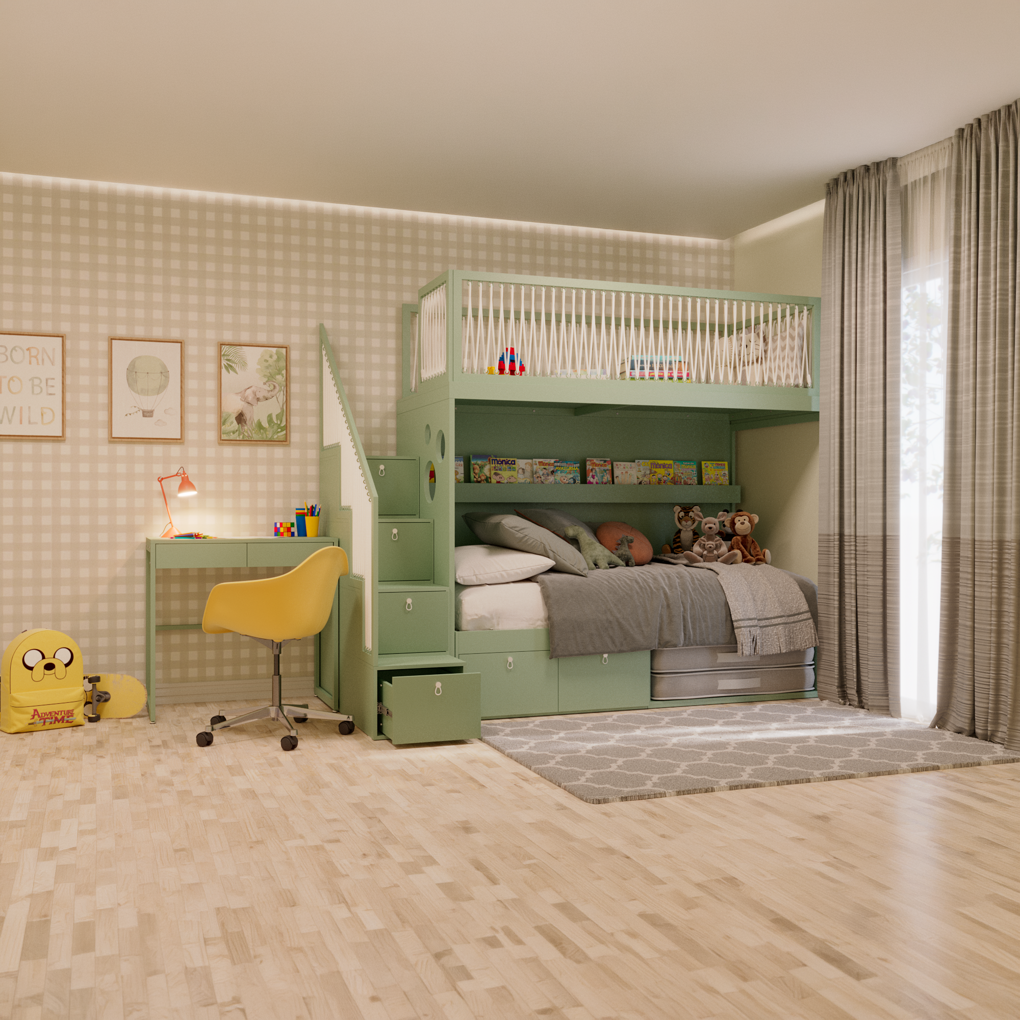 Mezanino com escada gavetão, cama com 2 gavetas e escrivaninha fixa