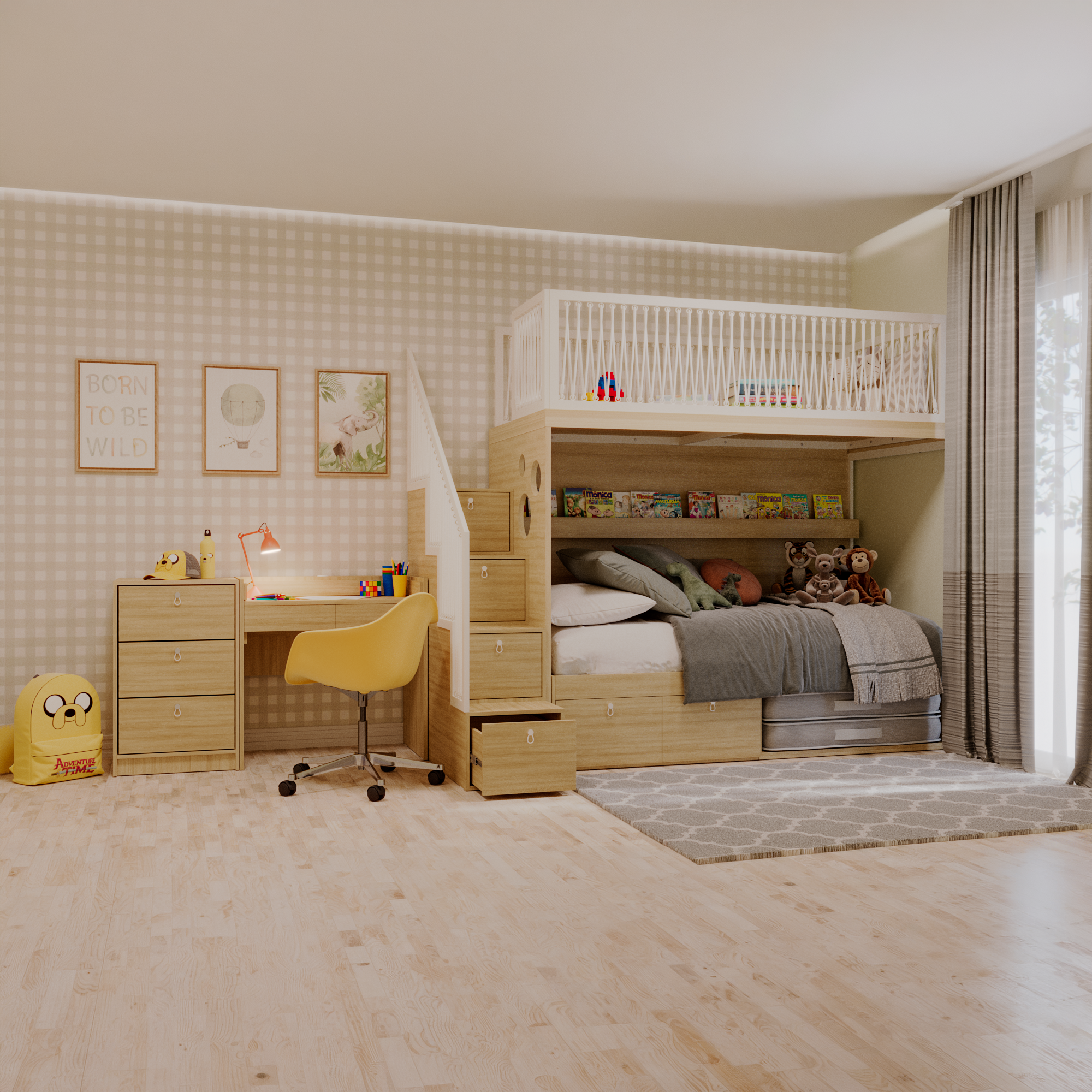 Mezanino com escada gavetão, cama com 2 gavetas, escrivaninha crescer e gaveteiro