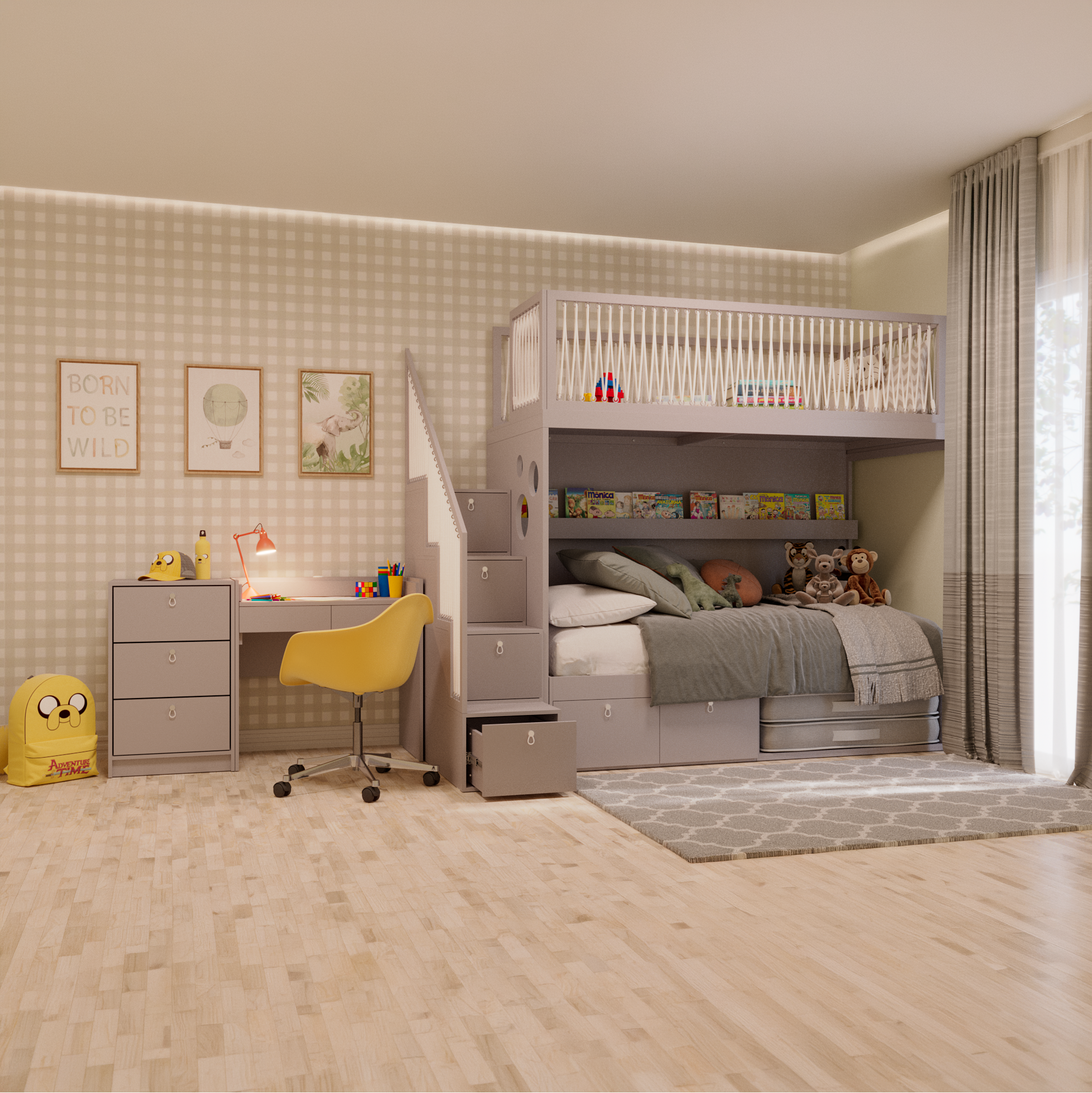 Mezanino com escada gavetão, cama com 2 gavetas, escrivaninha crescer e gaveteiro