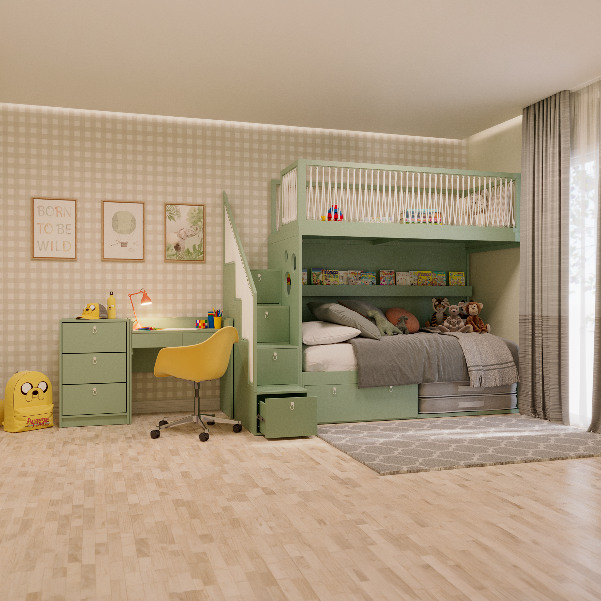 Mezanino com escada gavetão, cama com 2 gavetas, escrivaninha crescer e gaveteiro