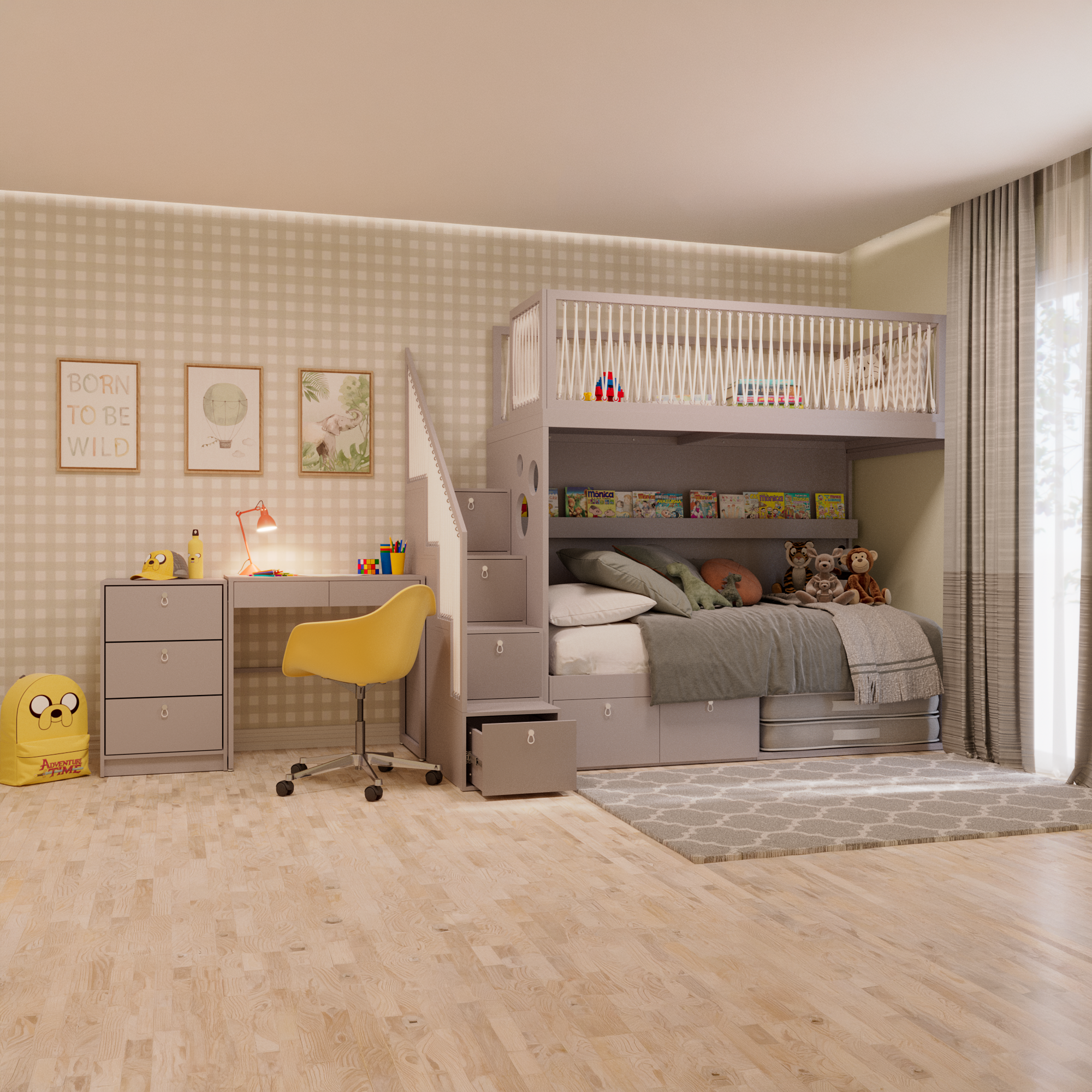Mezanino com escada gavetão, cama com 2 gavetas, escrivaninha fixa e gaveteiro
