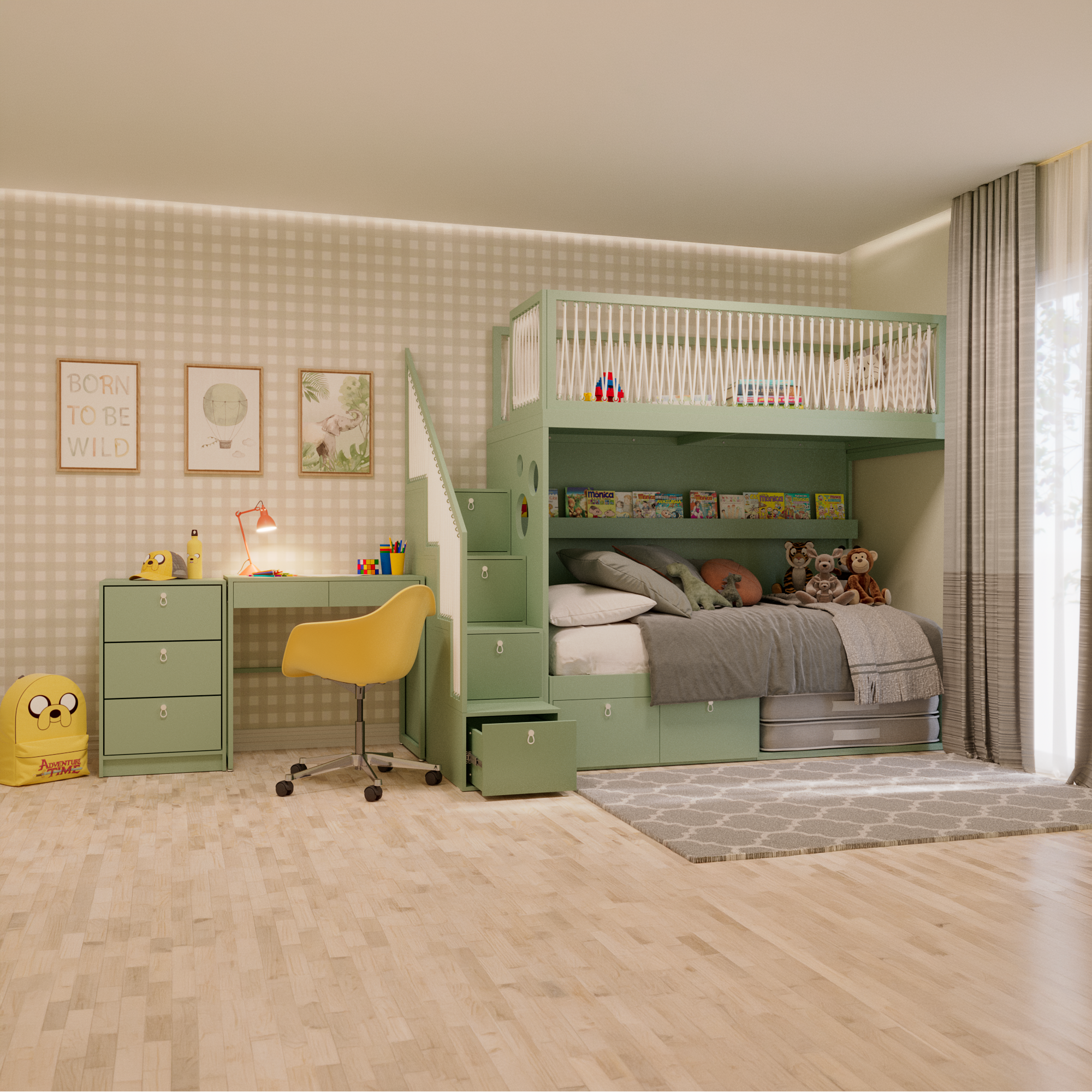 Mezanino com escada gavetão, cama com 2 gavetas, escrivaninha fixa e gaveteiro