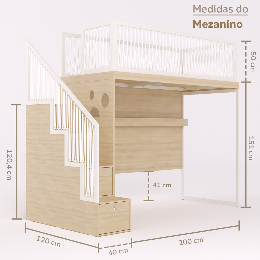 Mezanino com escada gavetão, cama com 2 gavetas e escrivaninha crescer