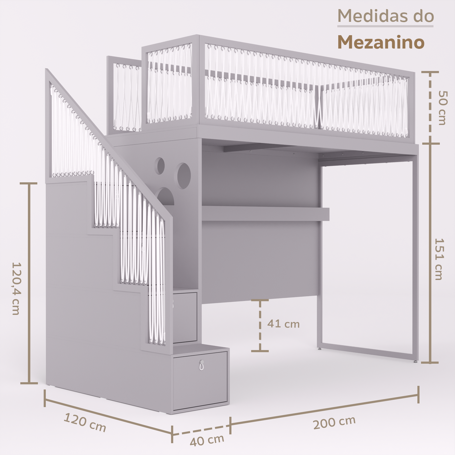Mezanino com escada gavetão, cama com 2 gavetas e escrivaninha fixa