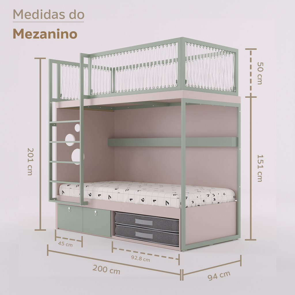 Mezanino com Cama 2 Gavetas e Nicho para Colchonete