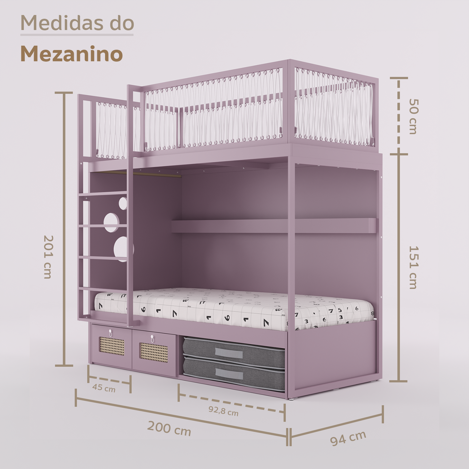 Mezanino com Cama 2 Gavetas e Nicho para Colchonete