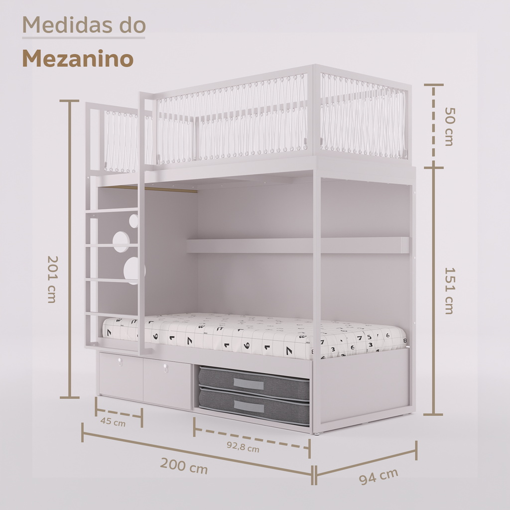 Mezanino com Cama 2 Gavetas e Nicho para Colchonete
