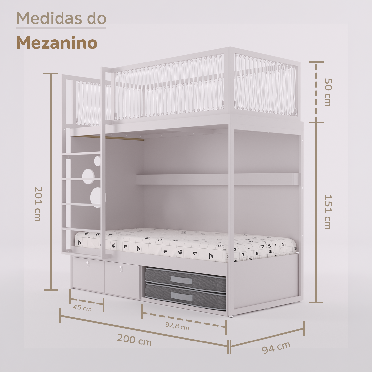 Mezanino com Cama 2 Gavetas e Nicho para Colchonete