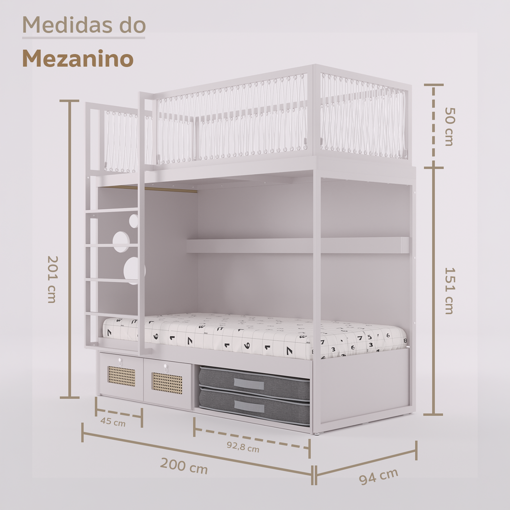 Mezanino com Cama 2 Gavetas e Nicho para Colchonete