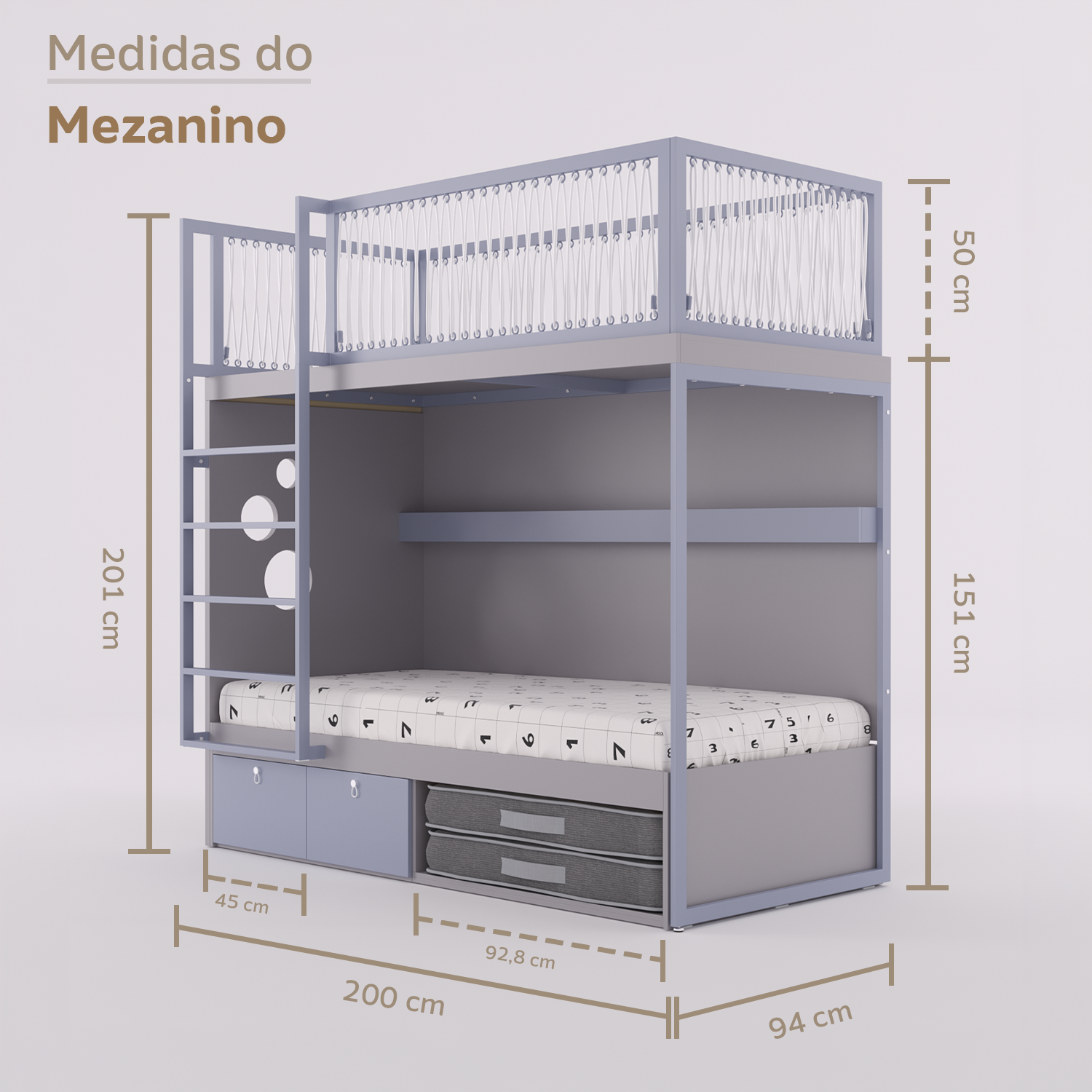 Mezanino com Cama 2 Gavetas e Nicho para Colchonete