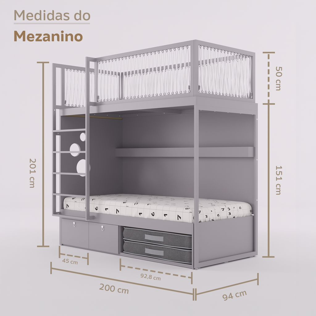 Mezanino com Cama 2 Gavetas e Nicho para Colchonete