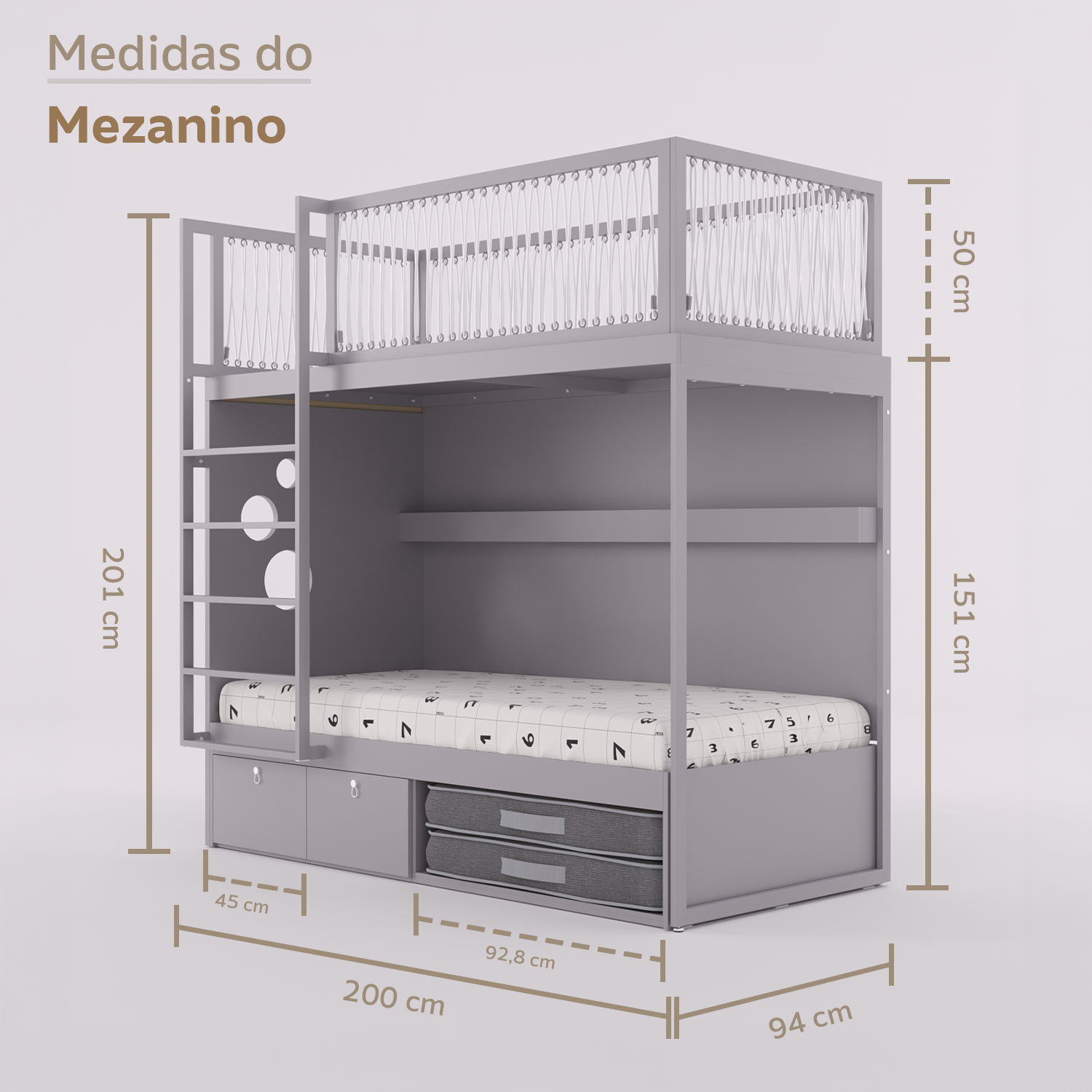 Mezanino com Cama 2 Gavetas e Nicho para Colchonete
