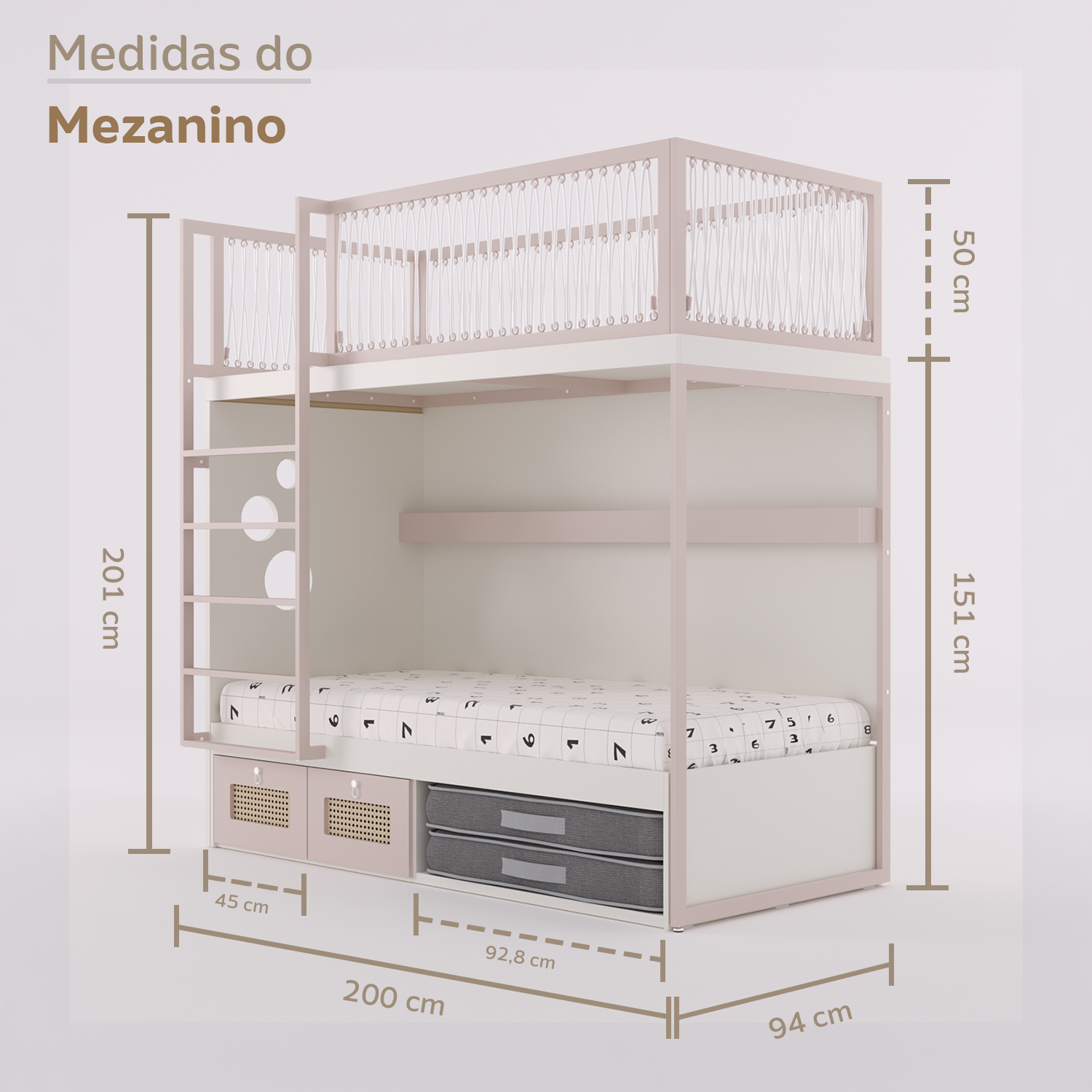 Mezanino com Cama 2 Gavetas e Nicho para Colchonete