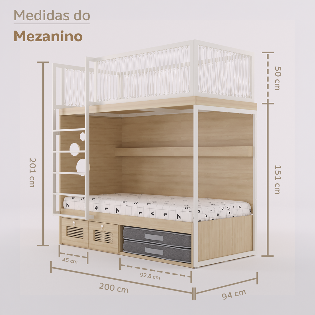 Mezanino com Cama 2 Gavetas e Nicho para Colchonete