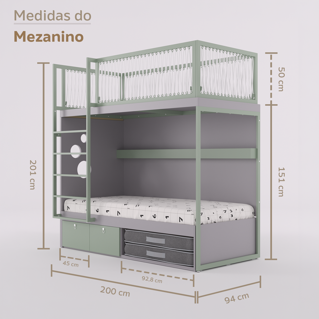 Mezanino com Cama 2 Gavetas e Nicho para Colchonete