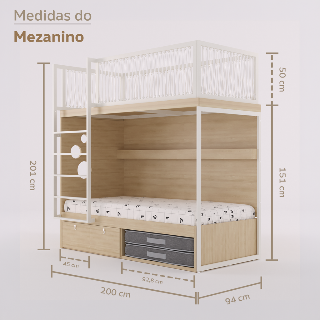 Mezanino com Cama 2 Gavetas e Nicho para Colchonete