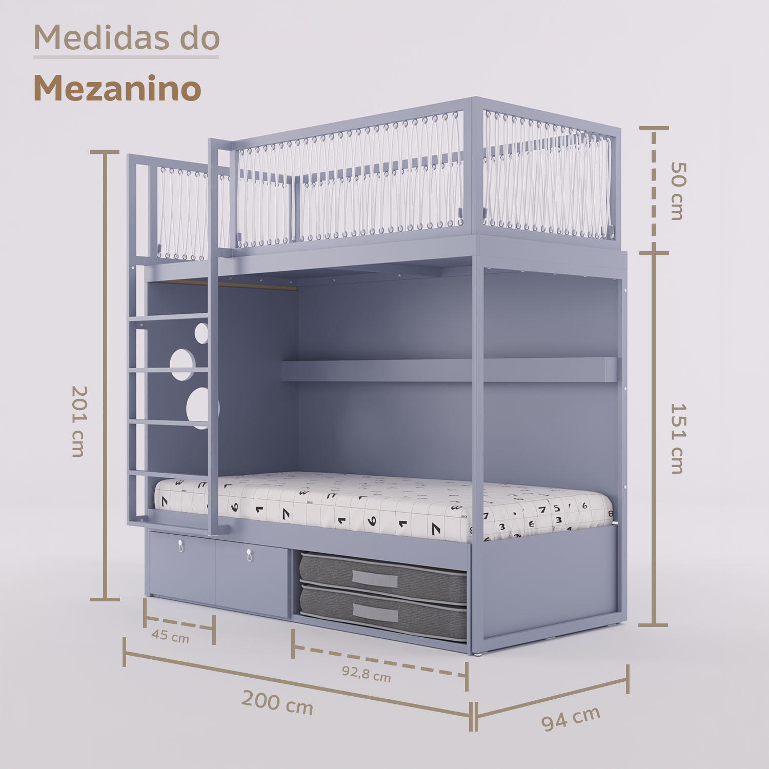 Mezanino com Cama 2 Gavetas e Nicho para Colchonete